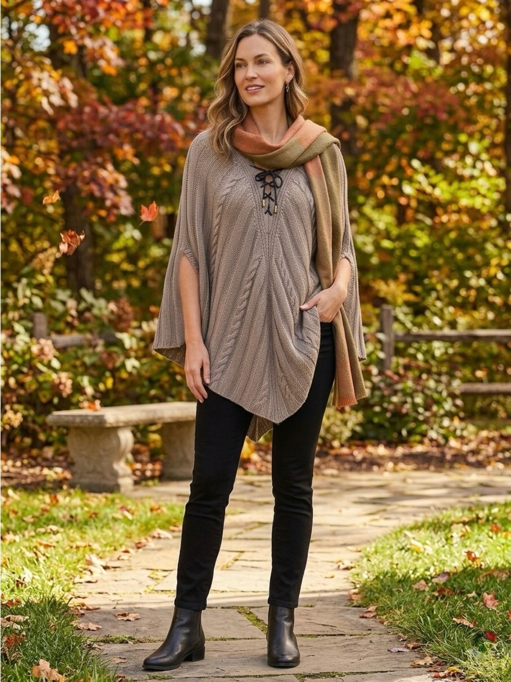 New York & Company Cable Knit Poncho Sweater S/M Beige Lace Up front Cape